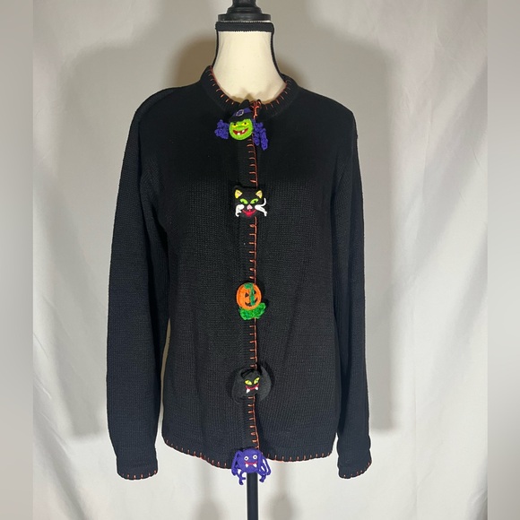 Vintage Lemon Grass Halloween Sweater w/Witch Cat Bat Spider Pumpkin - Picture 1 of 6